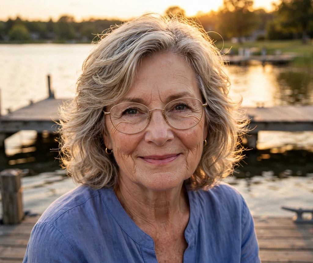 Caucasian woman in her late 60s with a layered lob with blonde-grey highlights wearing thin gold wire-rimmed glasses on a lakeside dock