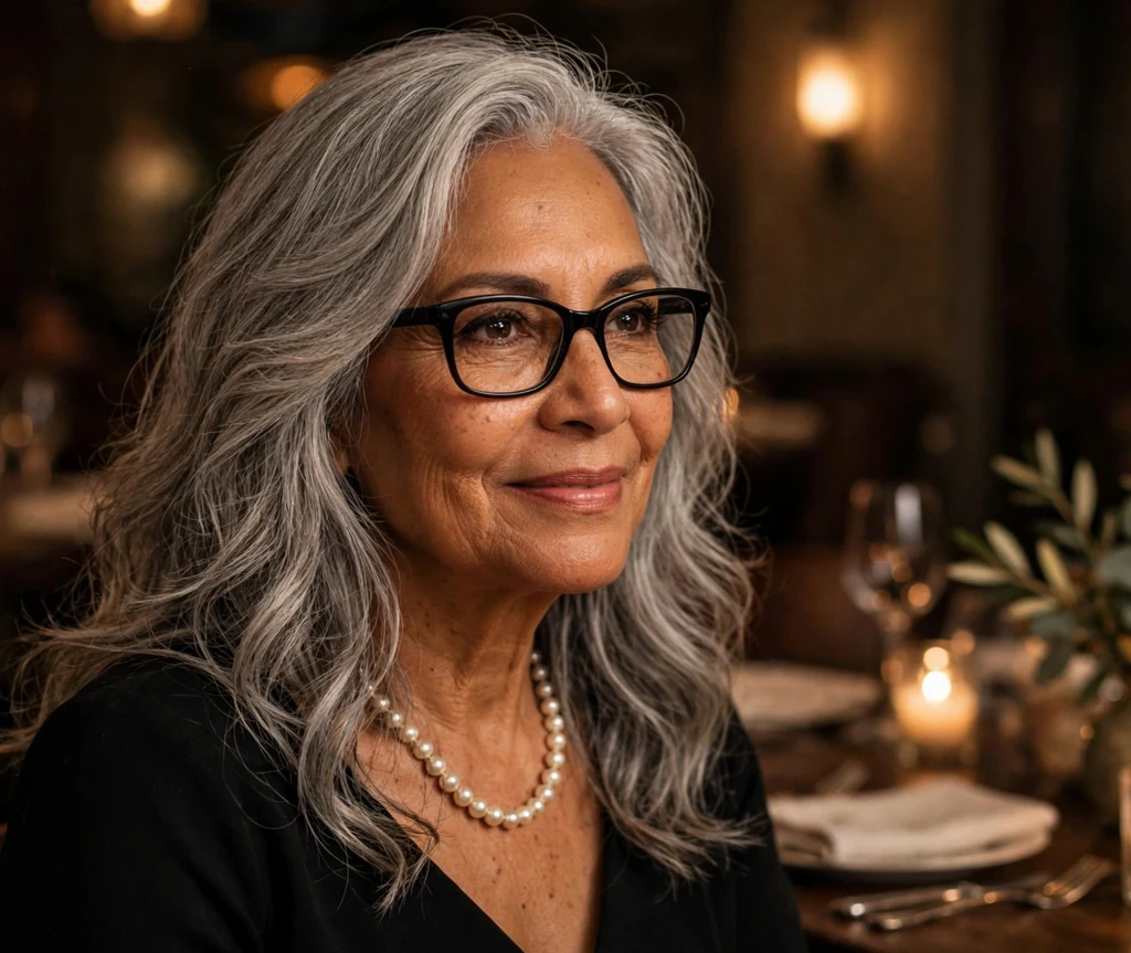 Latina woman in her 60s with long silver-grey layered waves wearing dark rectangular glasses at a formal dinner