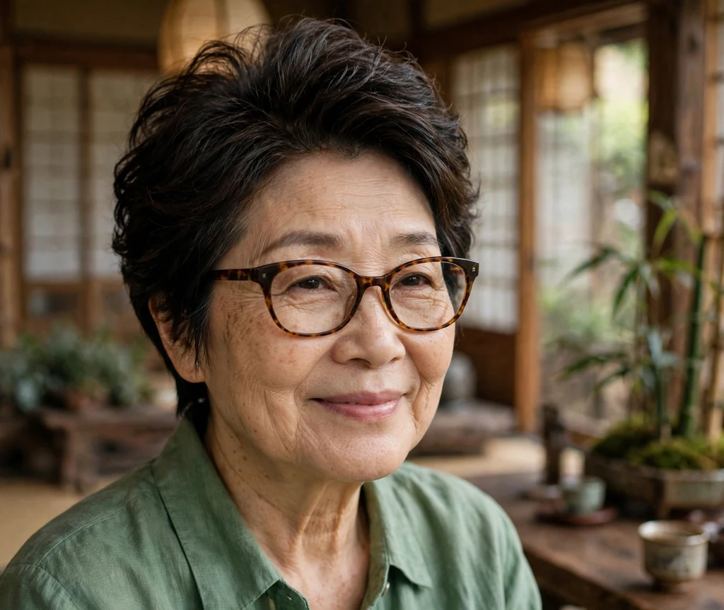 East Asian woman in her 60s with short stacked dark layered hair wearing tortoiseshell cat-eye glasses in a tea house