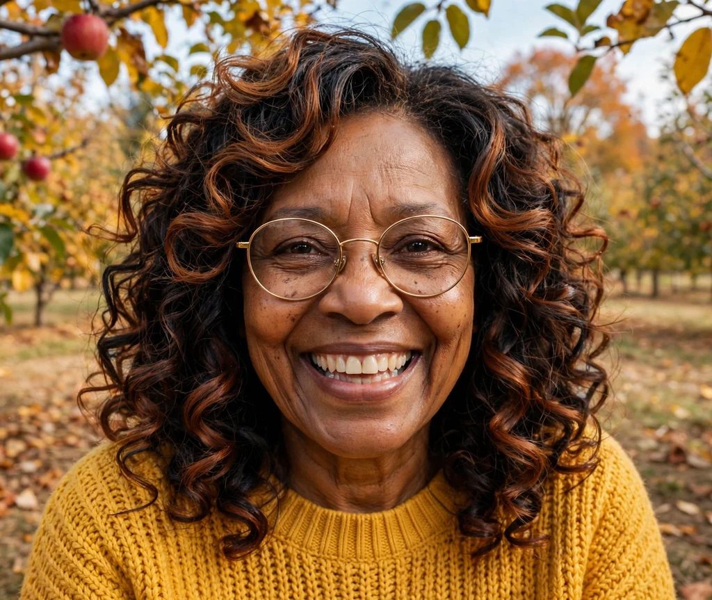 Black woman in her early 60s with layered spiral curls and auburn highlights wearing round gold-framed glasses in a fall orchard