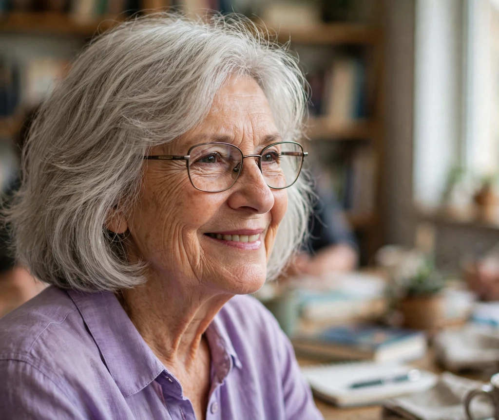 Caucasian woman in her 70s with airy light-grey layered bob wearing half-rim metal glasses at a book club