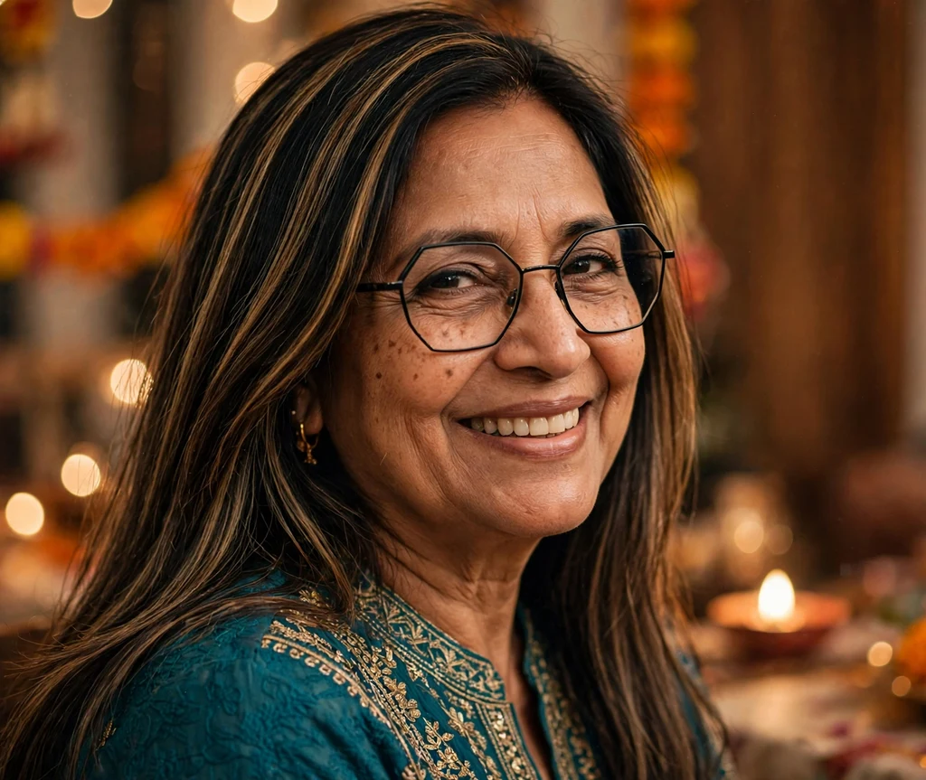 South Asian woman in her late 50s with long straight layered hair and caramel highlights wearing geometric angular-framed glasses at a Diwali party