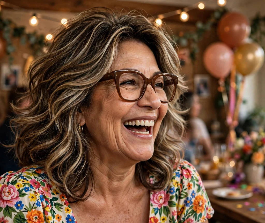 Latina woman in her 60s with bouncy shoulder-length layered hair with blonde balayage wearing oversized brown glasses at a birthday party