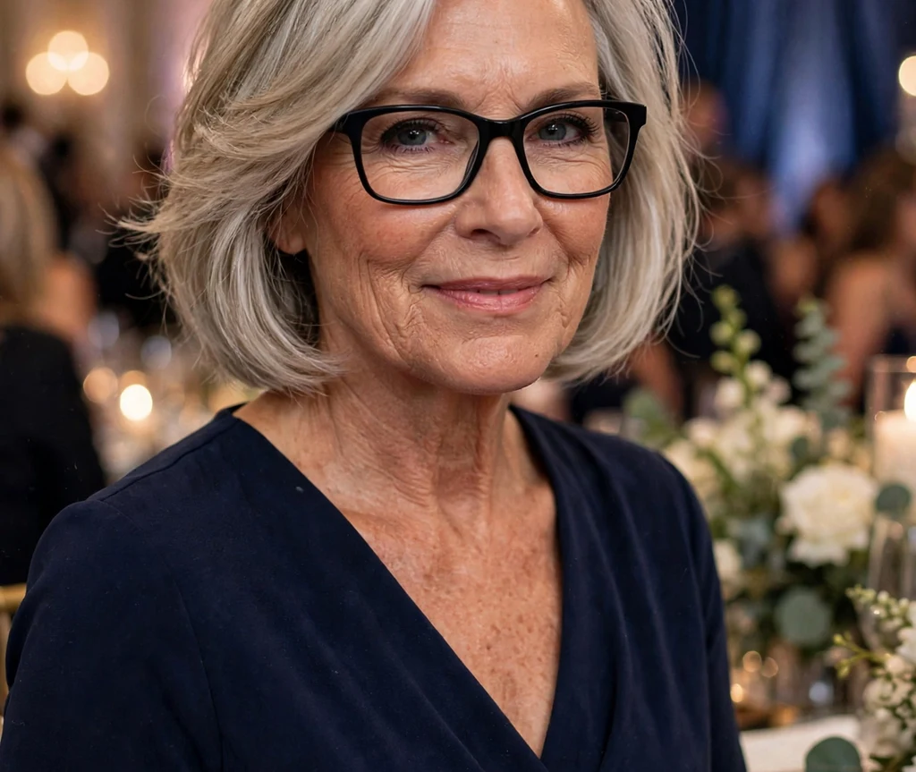 Caucasian woman in her 60s with a side-swept silver-blonde layered bob wearing black rectangular glasses at a charity gala