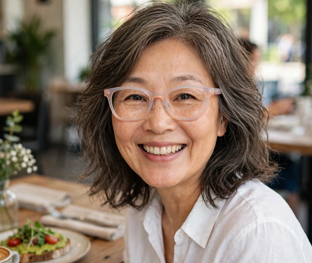 East Asian woman in her late 50s with tousled ash-brown layered hair wearing translucent pastel-framed glasses at brunch