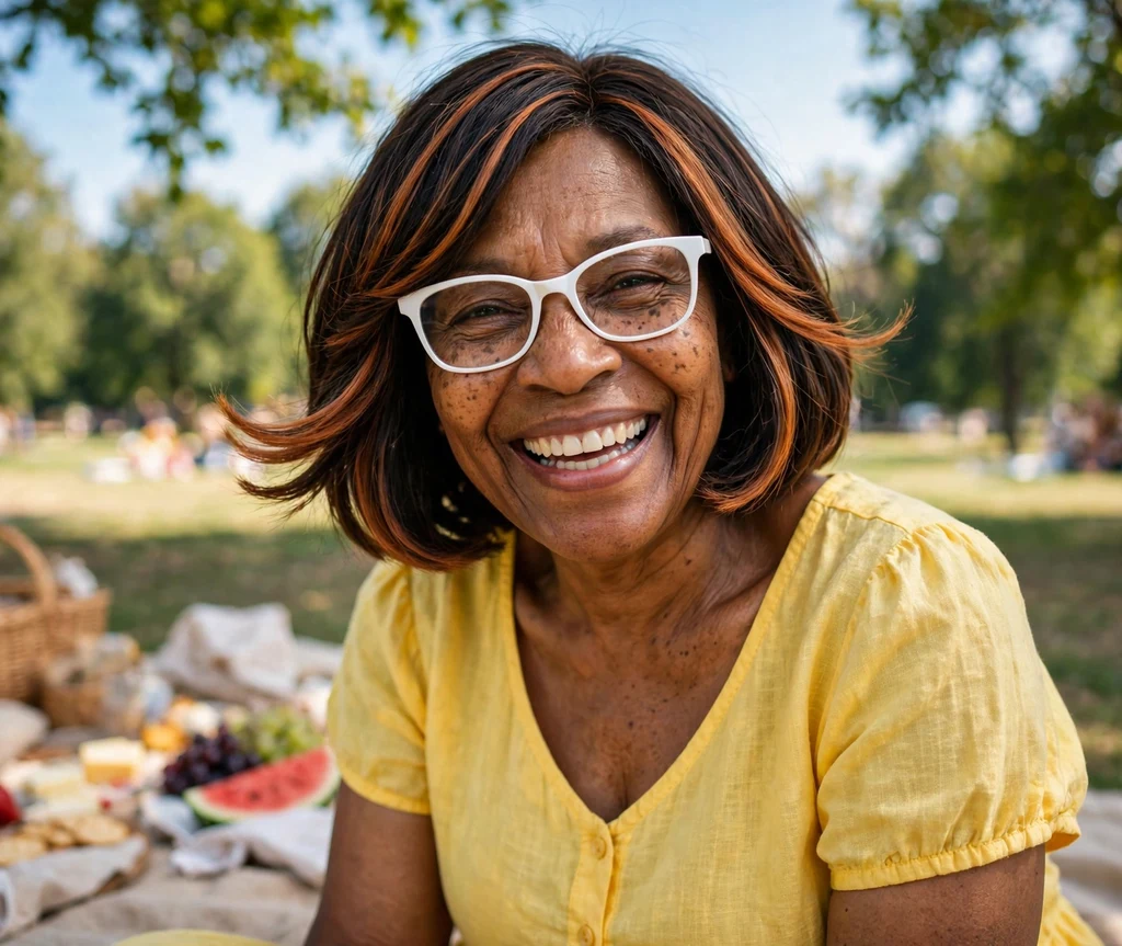 Black woman in her 60s with a layered bob with flipped ends and copper highlights wearing white-framed glasses at a summer picnic