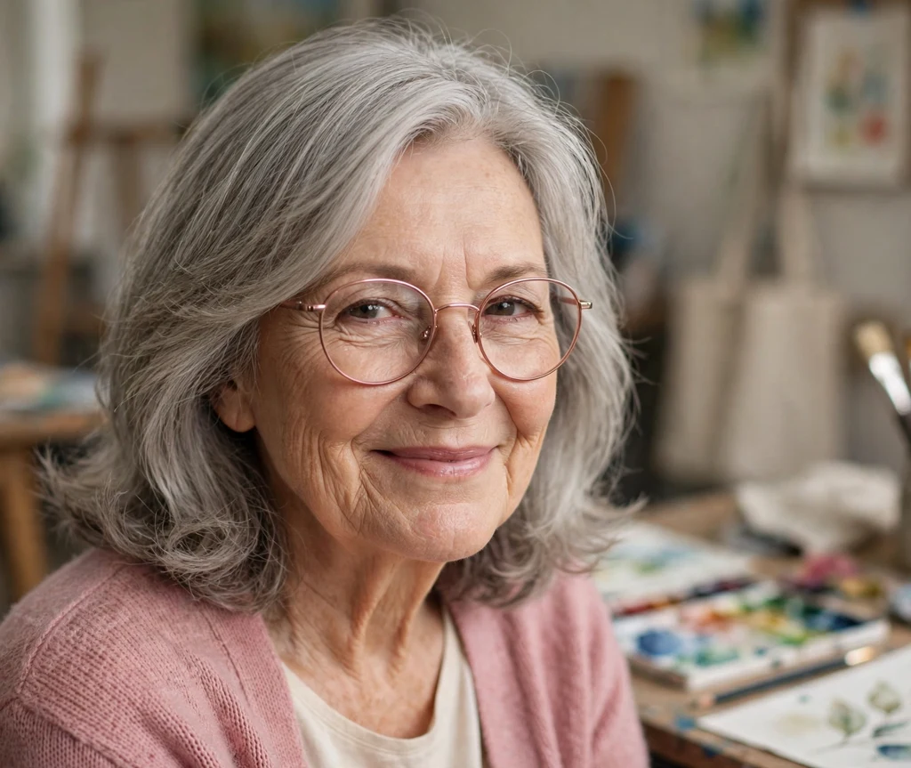 Caucasian woman in her early 70s with soft pearl-grey shoulder-length layered hair wearing rose-gold round glasses at an art class