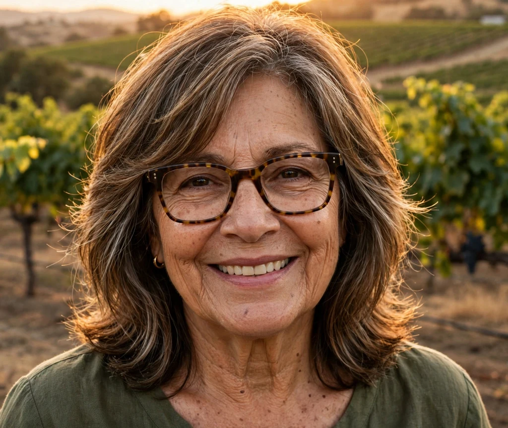 Latina woman in her late 60s with a midi-length layered haircut with face-framing layers wearing square tortoiseshell glasses at a vineyard
