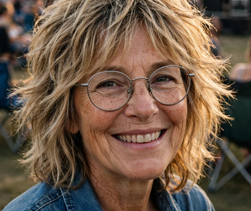 Caucasian woman in her 60s with a feathered layered shag in sandy blonde wearing round silver metal glasses at a music festival
