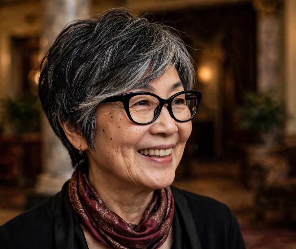 East Asian woman in her early 60s with a layered pixie bob with side-swept fringe wearing black cat-eye glasses at a theater
