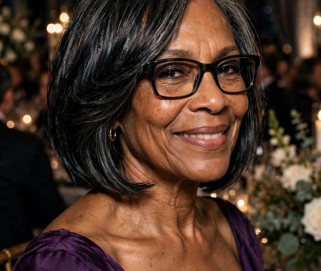 Black woman in her late 60s with a glossy layered bob wearing dark rectangular glasses at an evening gala