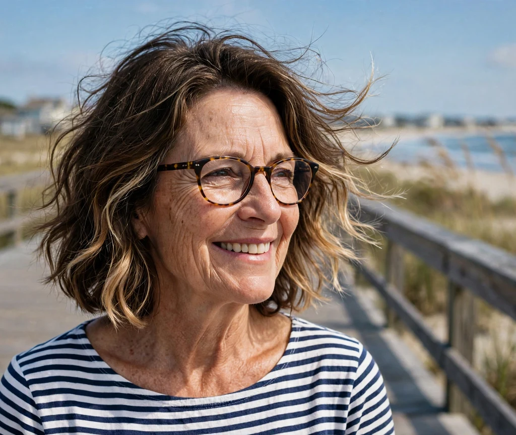 Caucasian woman in her 60s with a wavy layered bob with sun-lightened ends wearing tortoiseshell oval glasses on a coastal boardwalk