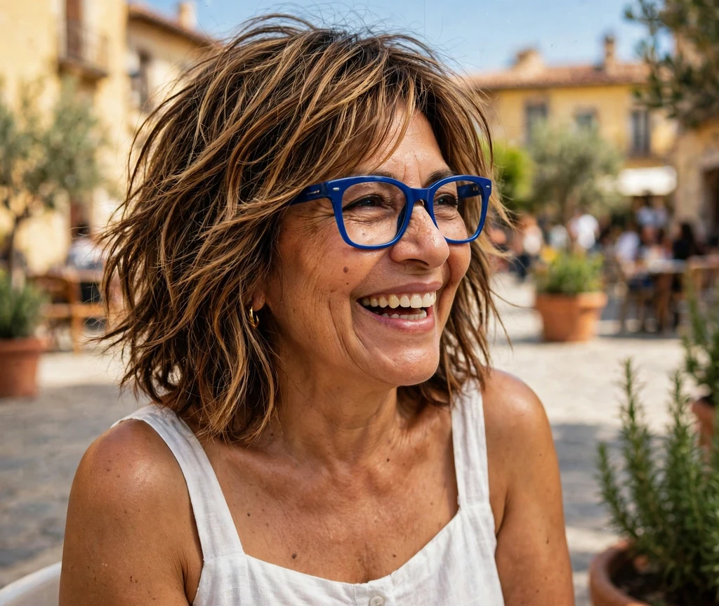 Latina woman in her early 60s with choppy layered hair and caramel highlights wearing bold blue-framed glasses at a sunlit plaza