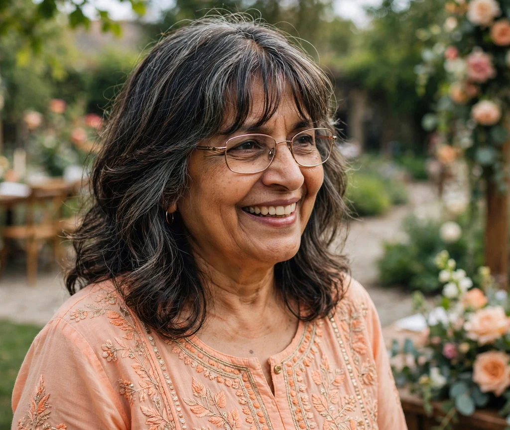 South Asian woman in her 60s with layered hair and curtain bangs wearing thin gold metal glasses at a garden wedding