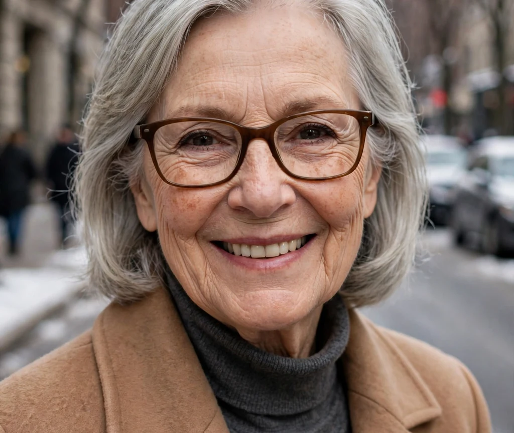 Caucasian woman in her 70s with classic silver shoulder-length layered hair wearing brown rectangular glasses on a winter city street