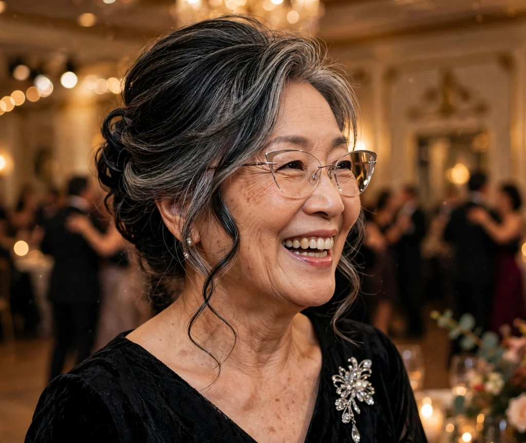 East Asian woman in her 60s with an elegant layered updo and face-framing tendrils wearing rimless cat-eye glasses at a ballroom