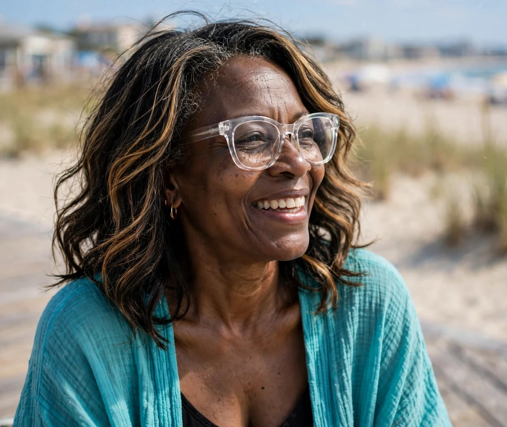 Black woman in her early 60s with beachy layered waves and sun-kissed highlights wearing clear oversized glasses on a beach boardwalk
