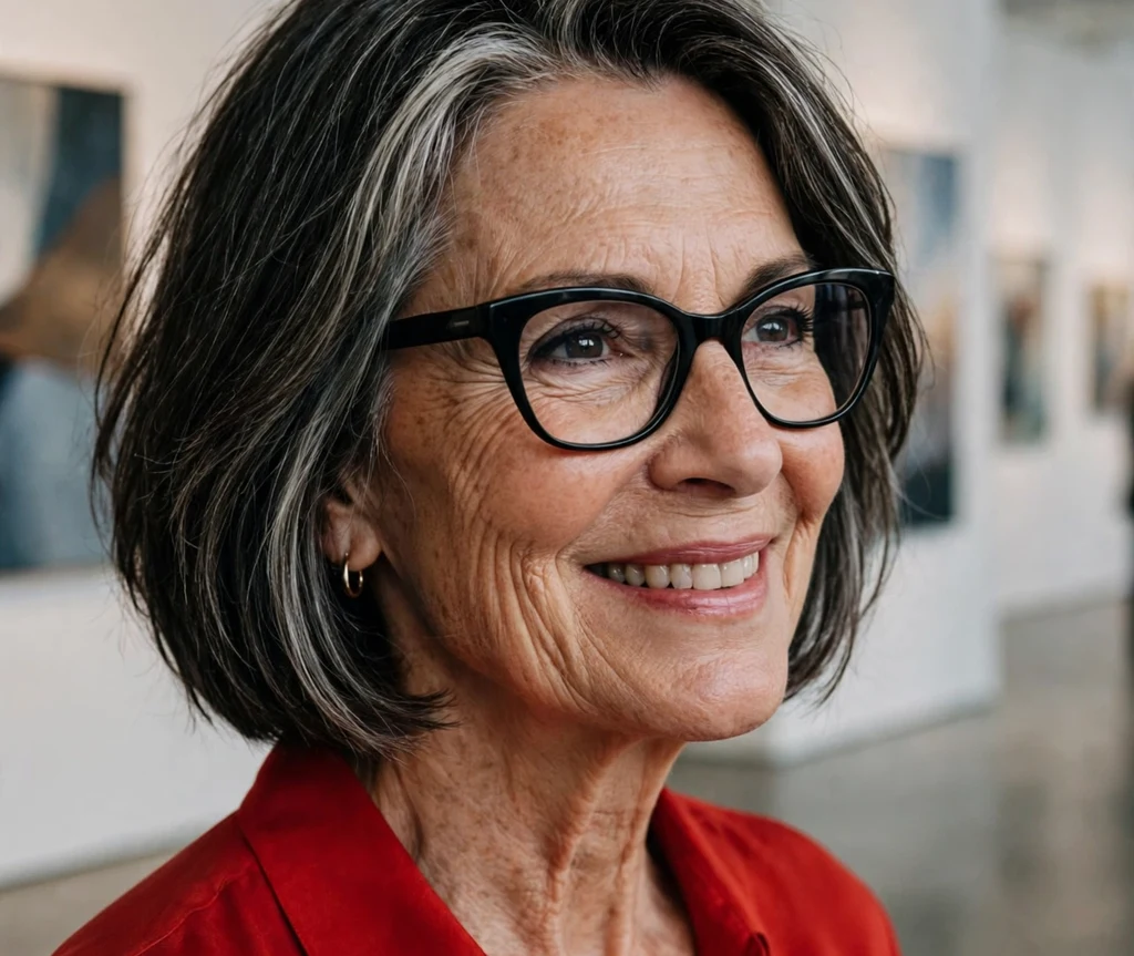 Caucasian woman in her late 60s with a layered A-line bob with silver streaks wearing black cat-eye glasses at a gallery opening