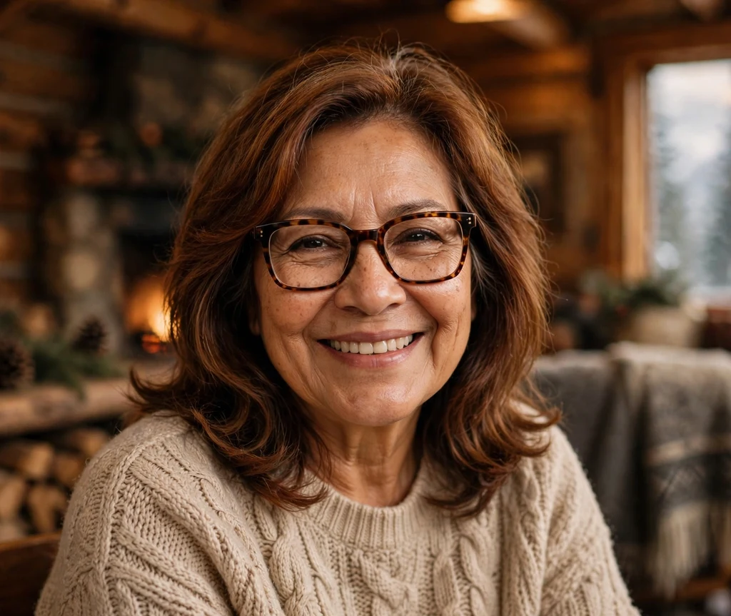 Latina woman in her 60s with soft graduated layered hair in warm chestnut wearing tortoiseshell square glasses at a mountain lodge