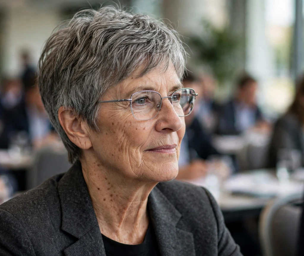 Caucasian woman in her late 60s with a grey textured layered pixie cut wearing silver metal-framed glasses at a conference