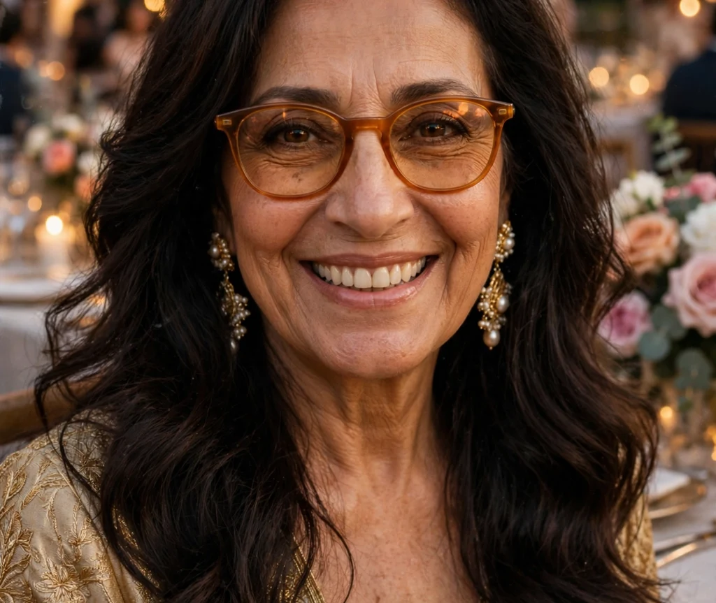 Middle Eastern woman in her early 60s with long flowing layered waves in dark espresso wearing warm amber-framed glasses at a wedding
