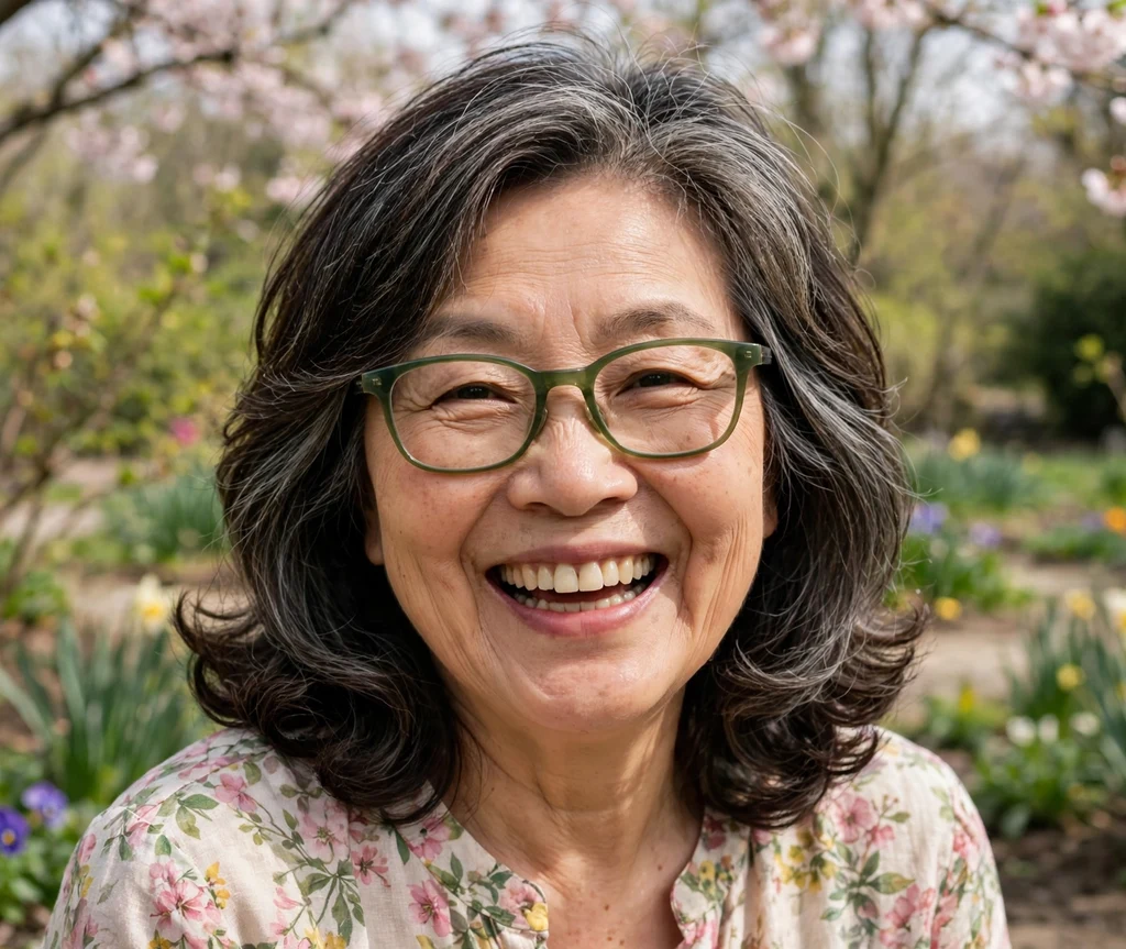 East Asian woman in her late 60s with a layered shoulder-length haircut with inward curls wearing green-framed glasses in a spring garden