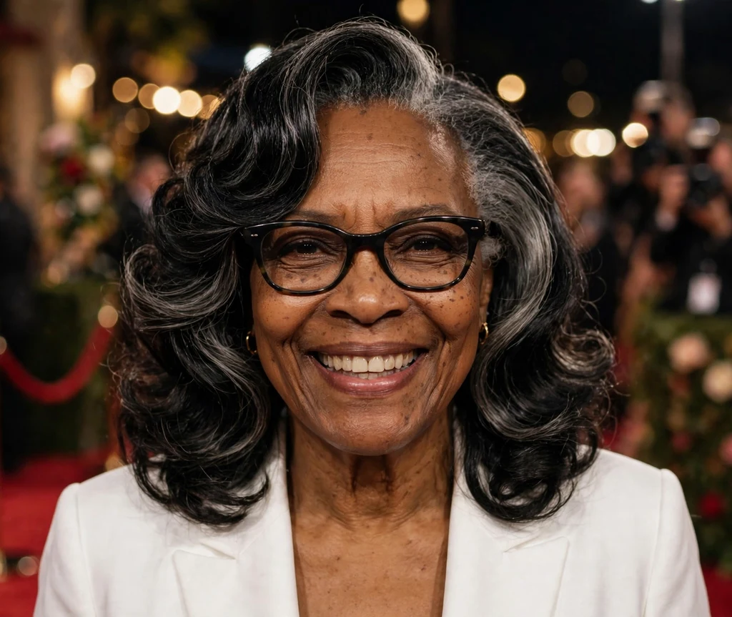Black woman in her 60s with sculpted layered waves wearing dark horn-rimmed glasses at an awards night