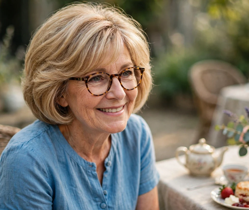 Caucasian woman in her early 60s with a layered halo haircut in warm blonde wearing round tortoiseshell glasses at an afternoon tea