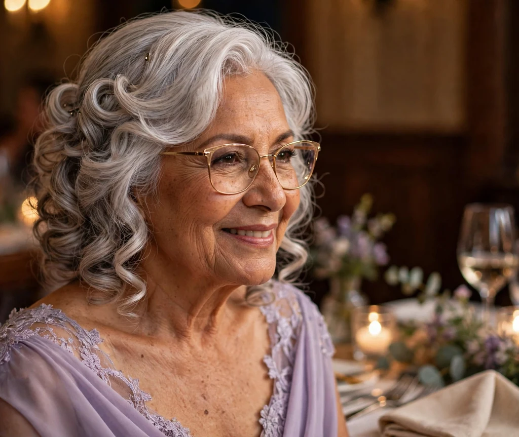 Latina woman in her 70s with elegant silver-white layered curls wearing champagne gold-framed glasses at an anniversary dinner