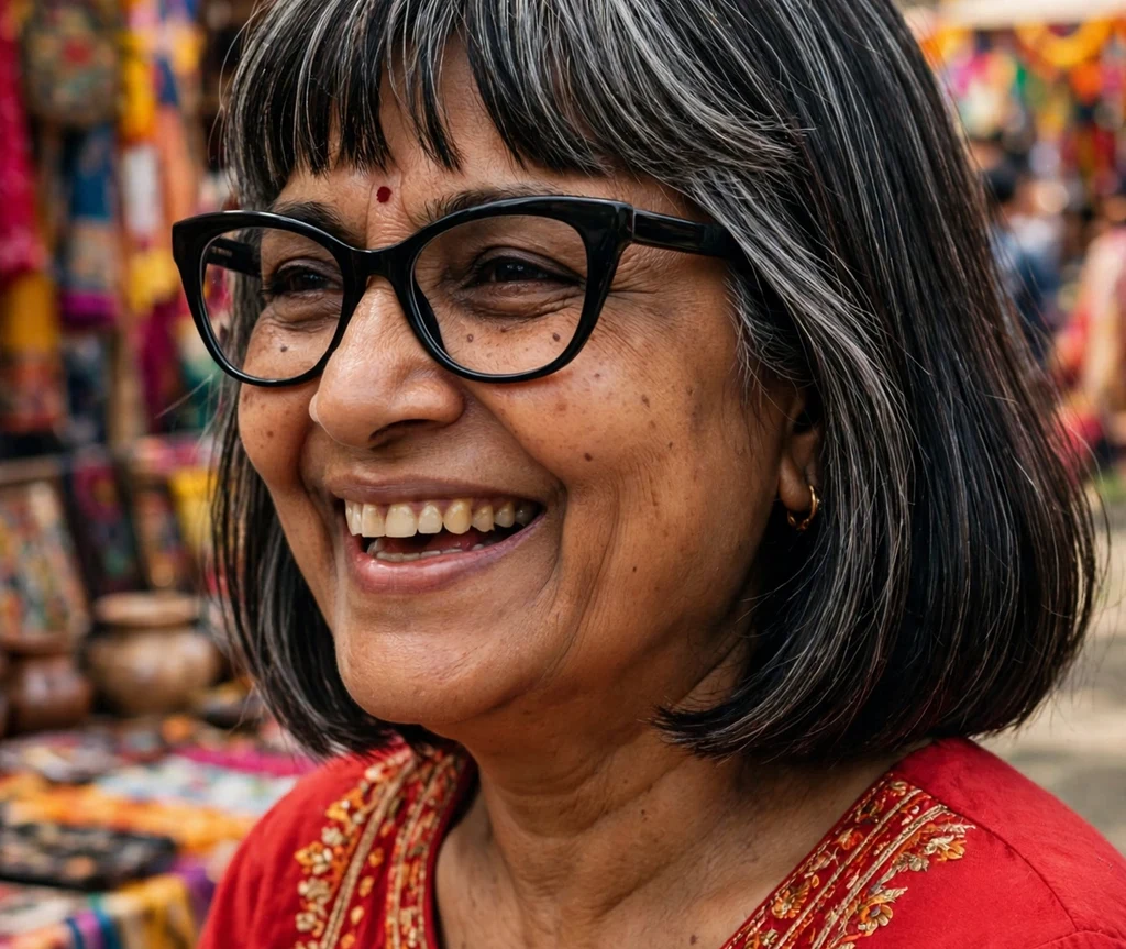 South Asian woman in her early 60s with a layered fringe bob with silver streaks wearing bold black cat-eye glasses at a cultural festival
