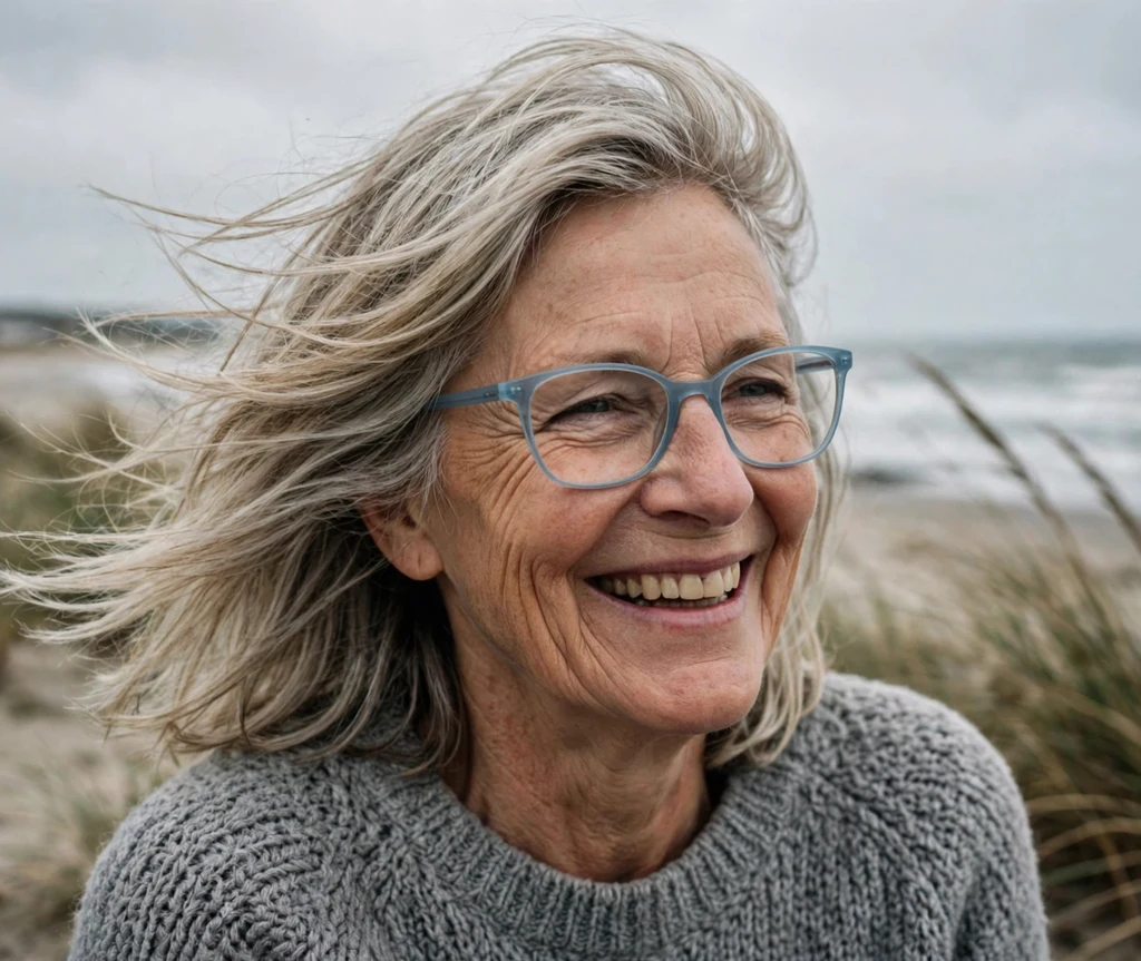 Caucasian woman in her late 60s with windswept silver-blonde layered hair wearing light blue-framed glasses at a windy beach