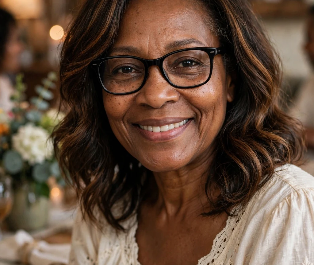 Black woman in her late 50s with timeless shoulder-length layered waves wearing classic black-framed glasses at a family reunion