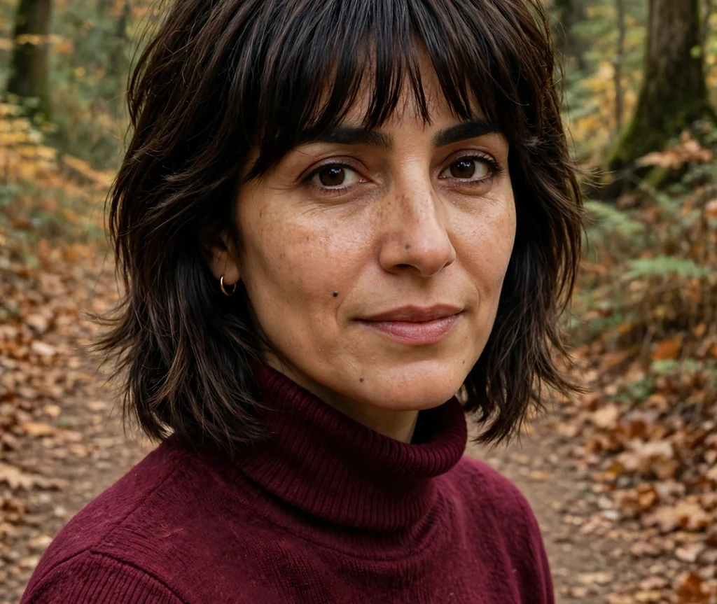 Woman with a layered stacked bob and bangs