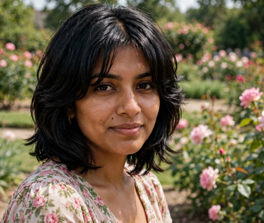 Woman with a layered stacked bob and curtain bangs