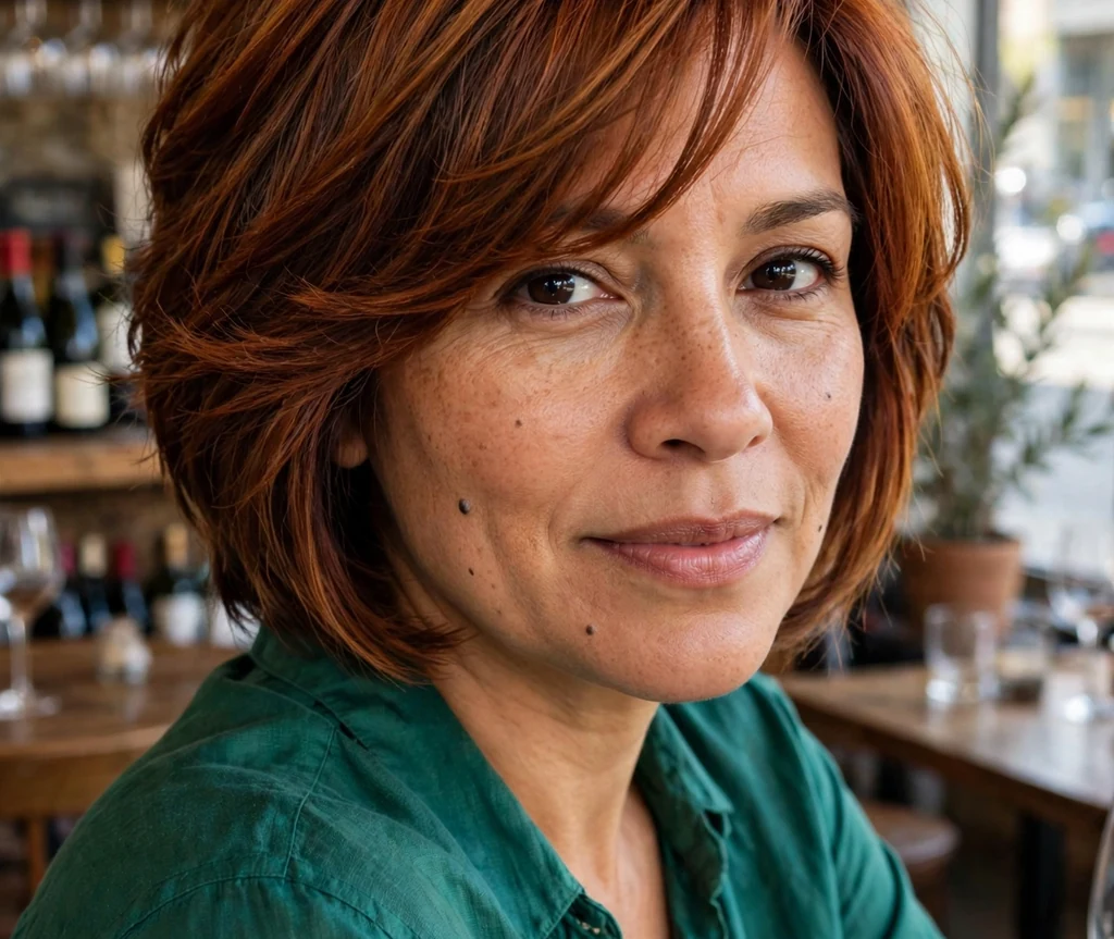 Woman with a layered stacked bob and side-swept bangs