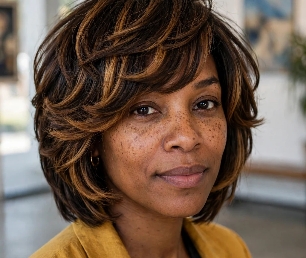 Woman with a chunky layered stacked bob