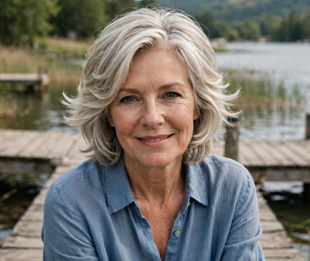 Woman with a feathered layered stacked bob