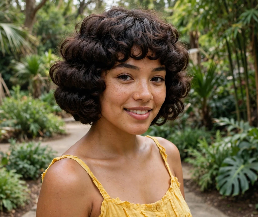 Woman with a curly layered stacked bob