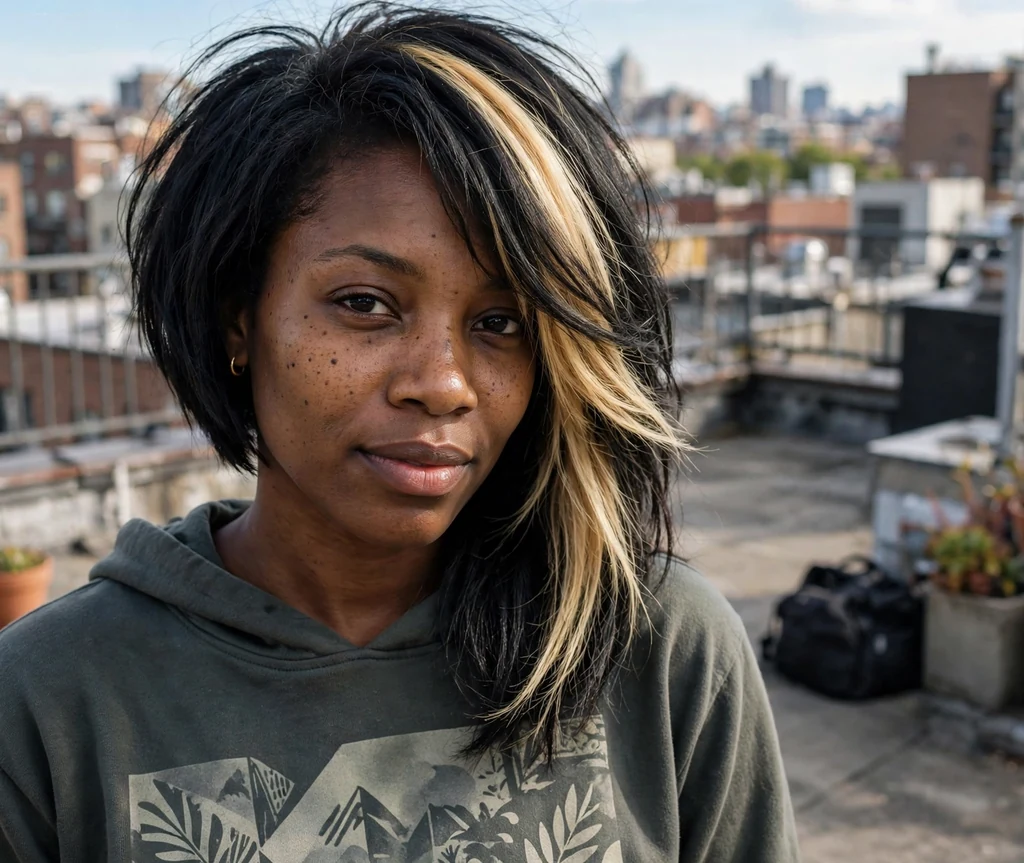 Woman with an asymmetrical layered stacked bob