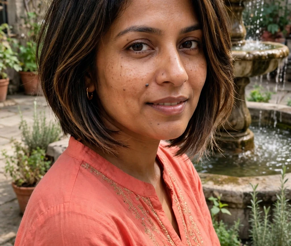 Woman with an A-line layered stacked bob