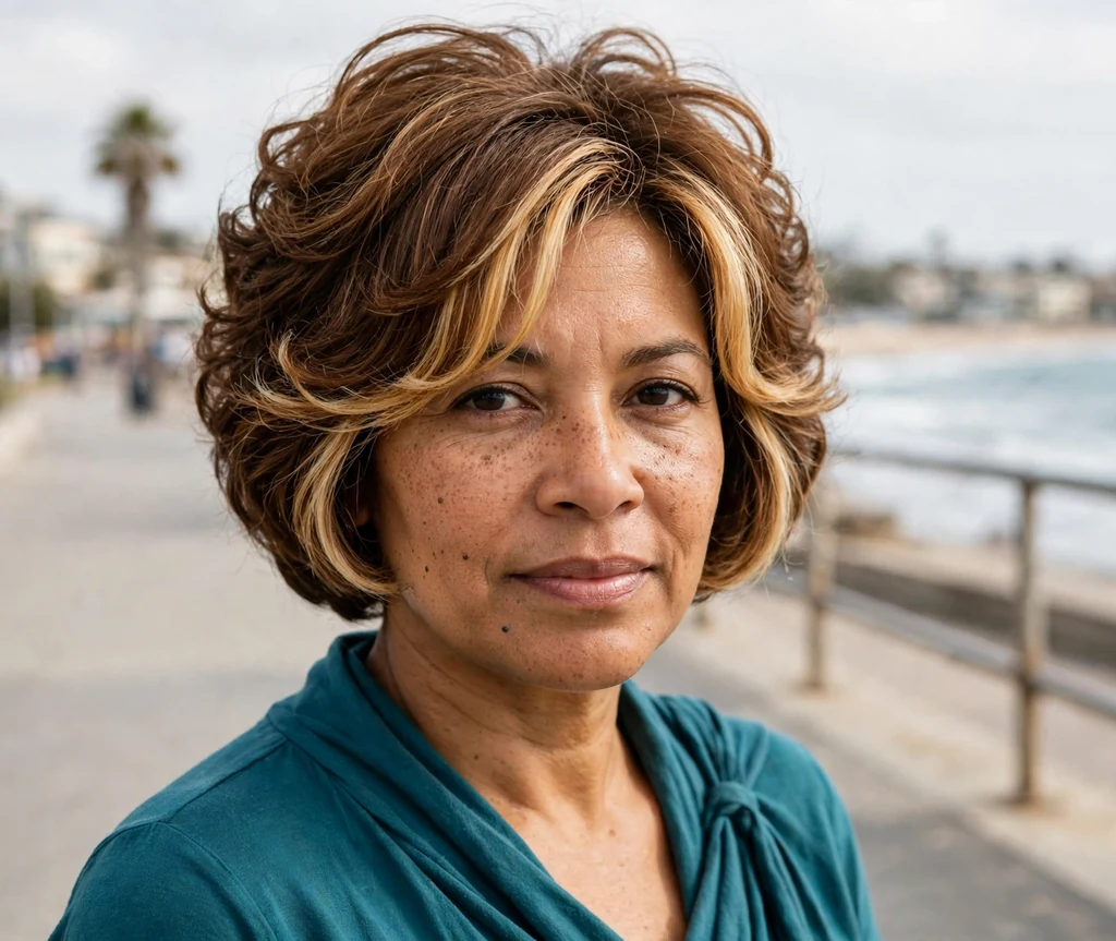 Woman with a layered stacked bob with highlights