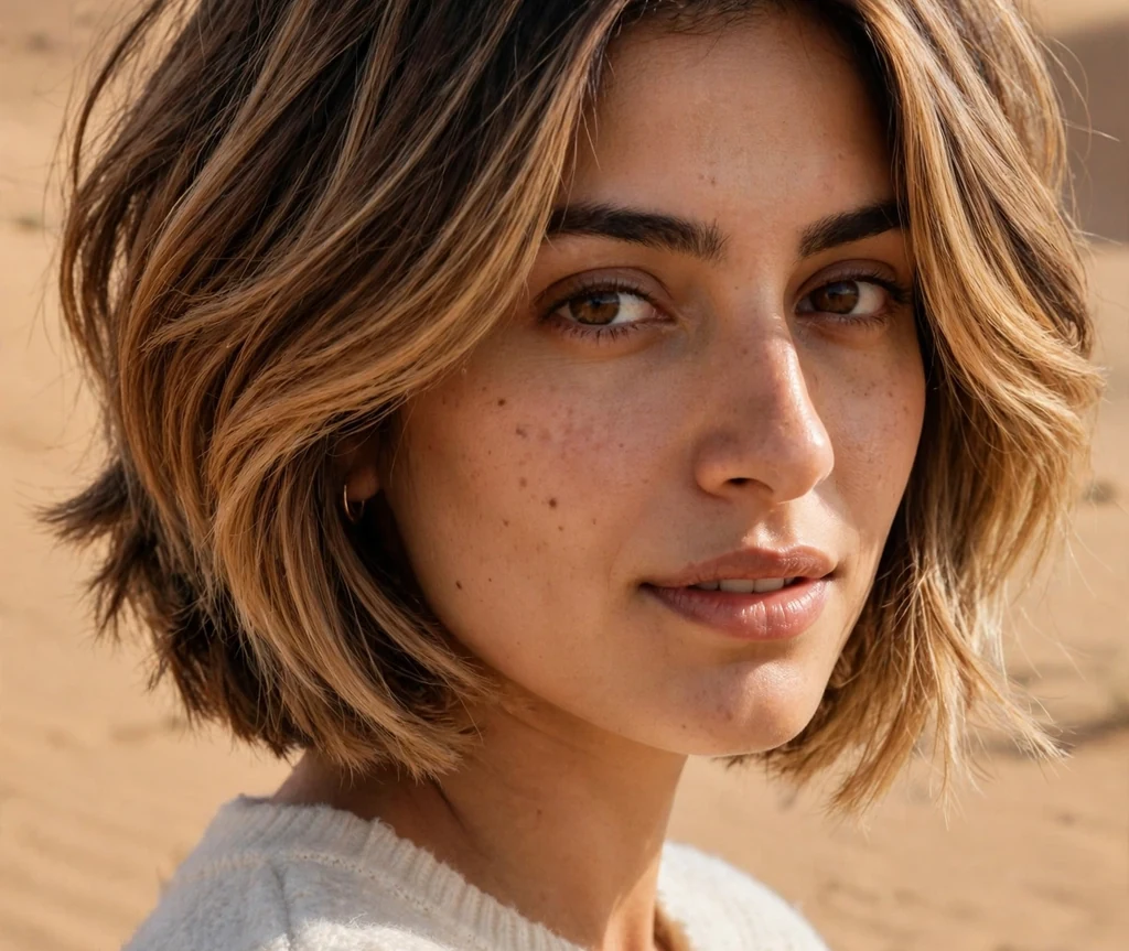 Woman with a layered stacked bob with balayage