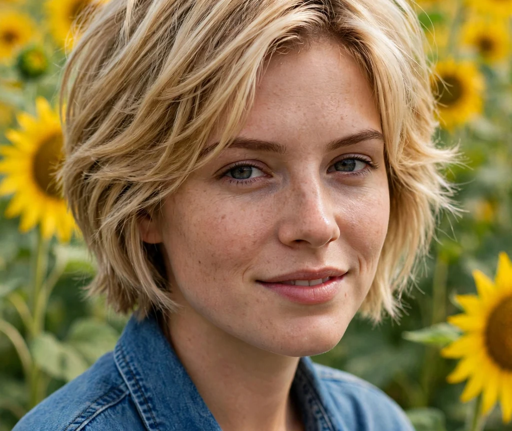 Woman with a blonde layered stacked bob