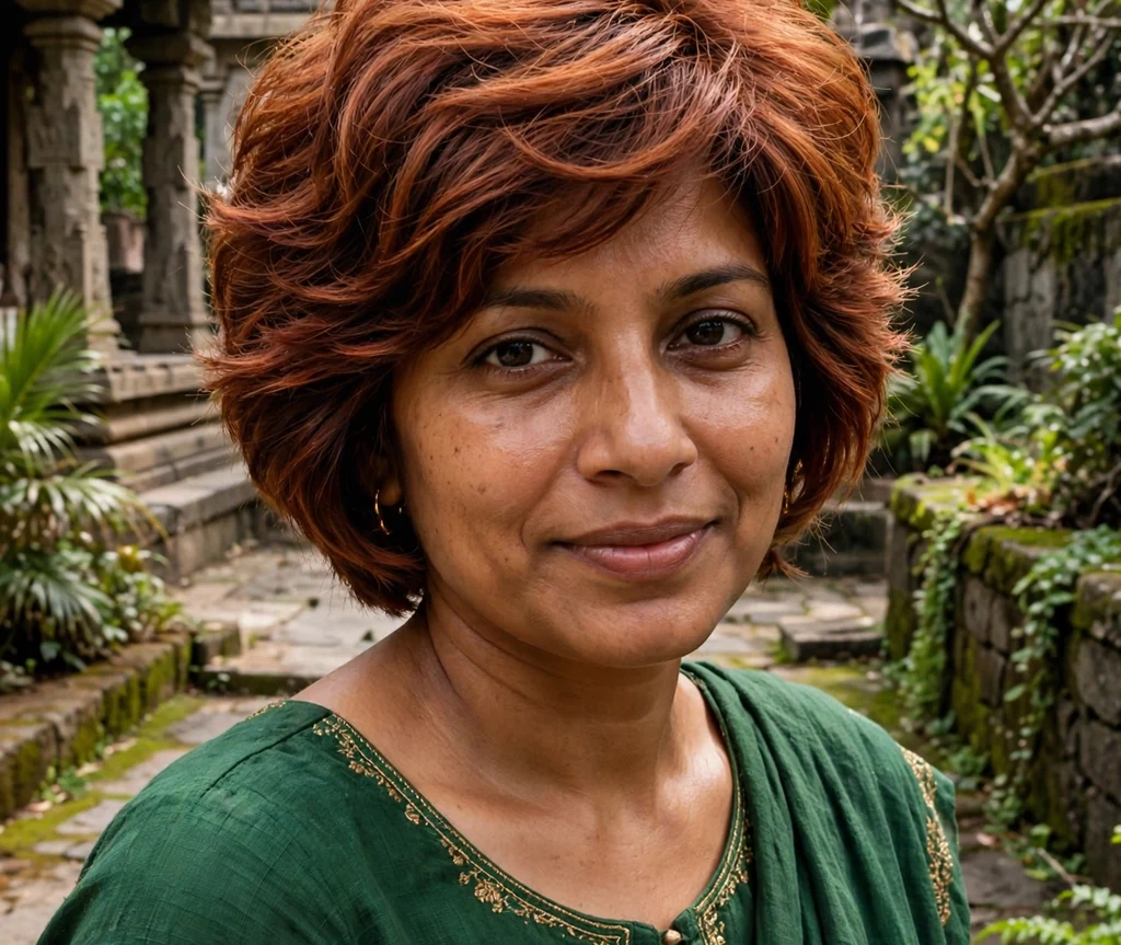 Woman with an auburn layered stacked bob