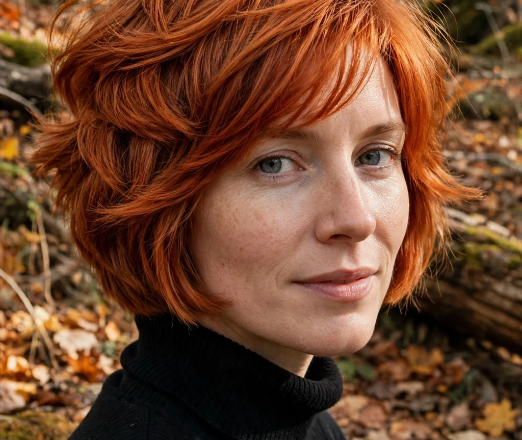 Woman with a copper layered stacked bob