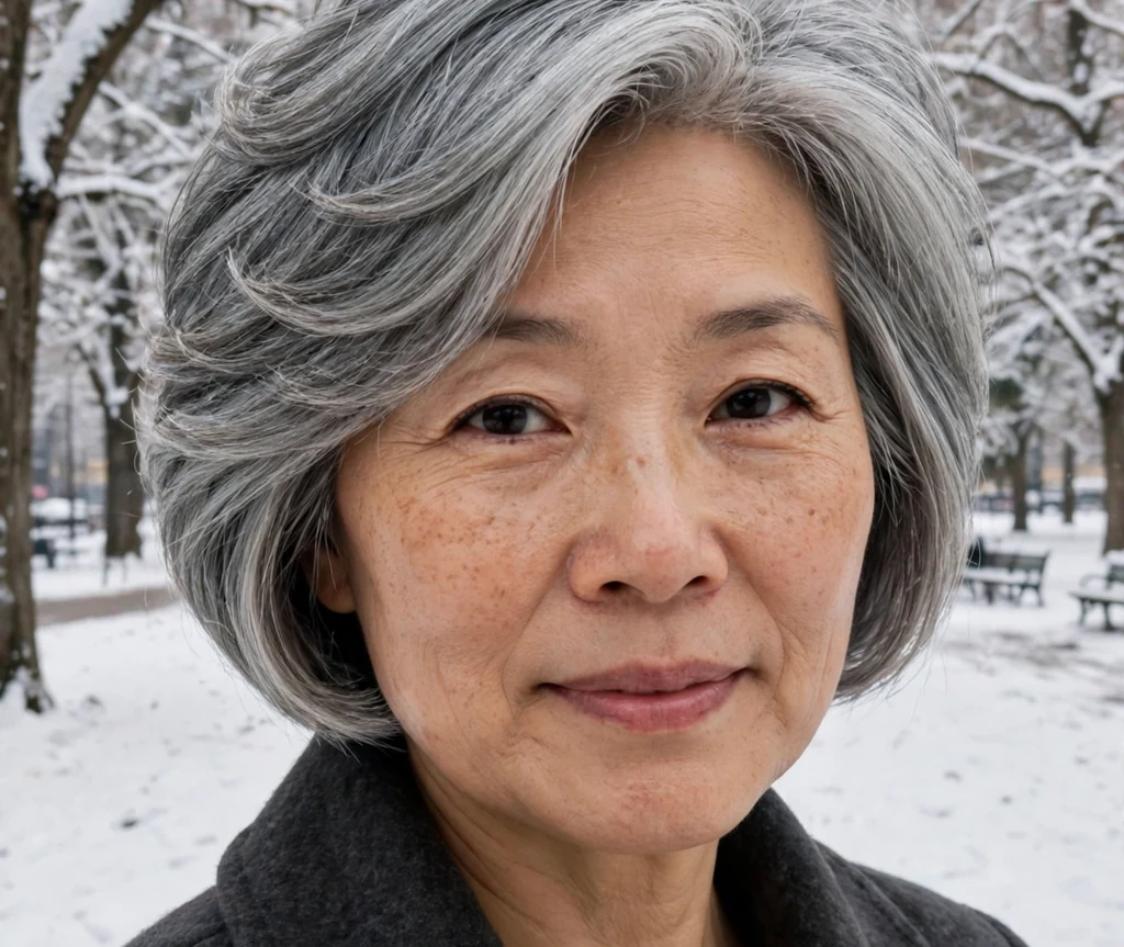 Woman with a gray silver layered stacked bob
