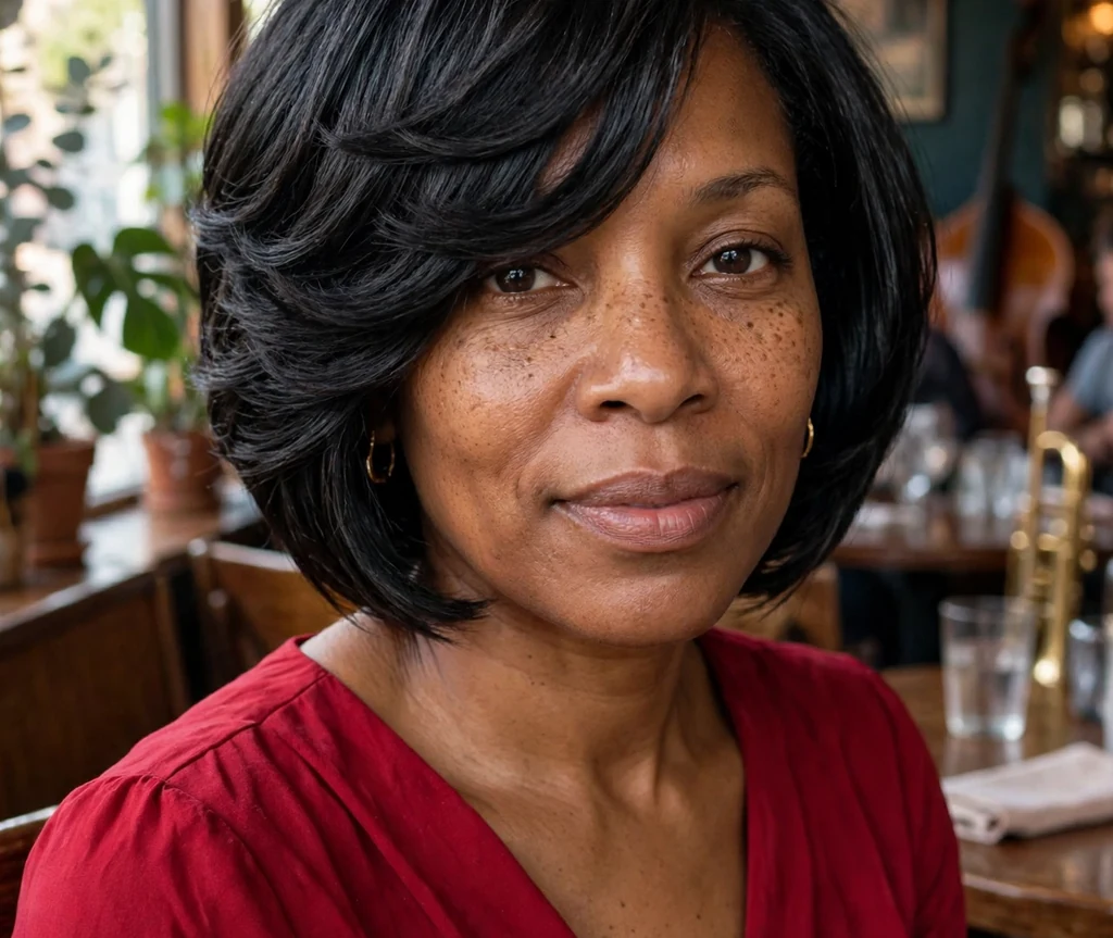 Woman with a black layered stacked bob