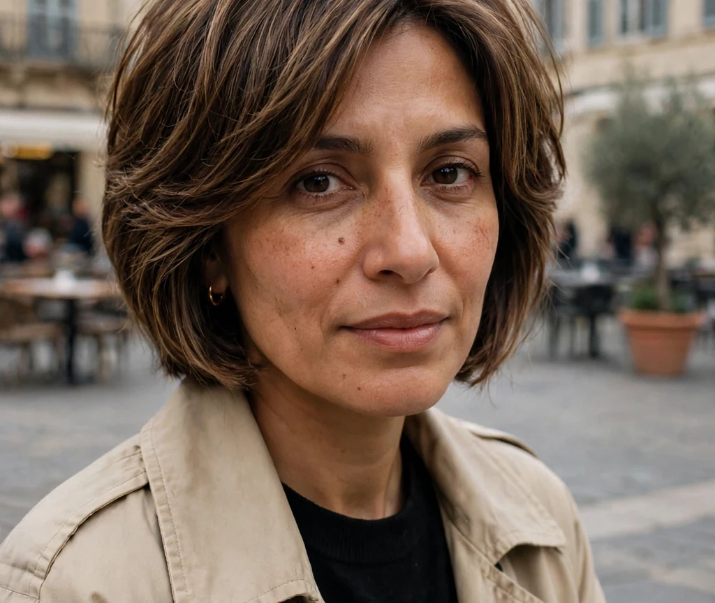 Woman with a layered stacked bob with lowlights