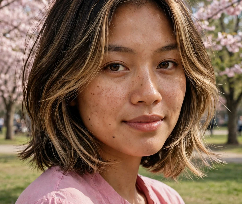 Woman with a face-framing layered stacked bob