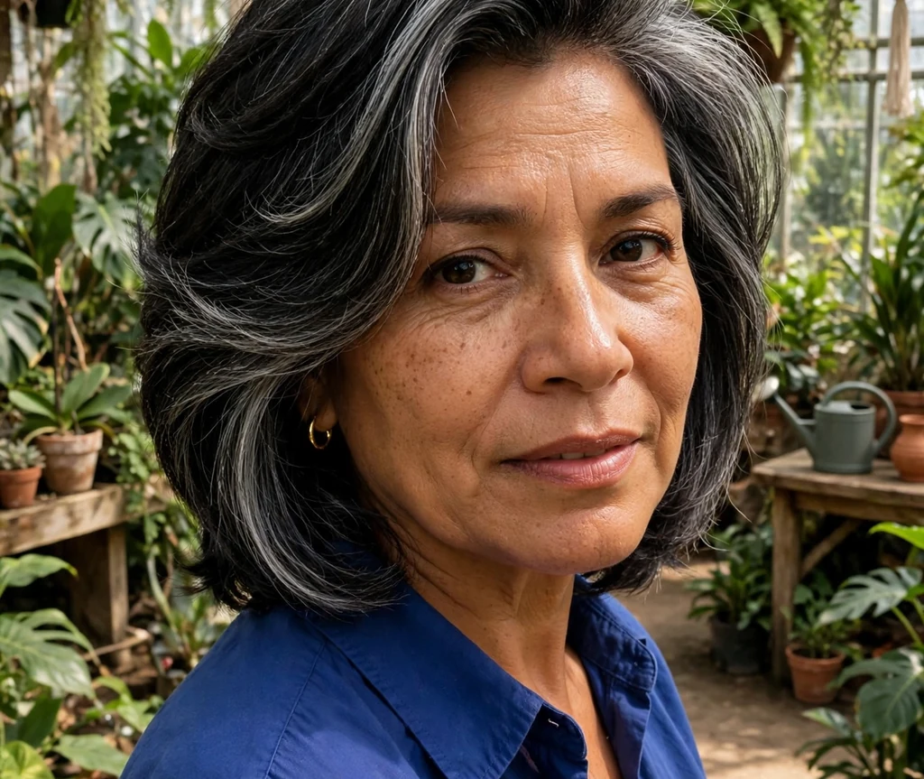 Woman with a layered stacked bob and deep side part